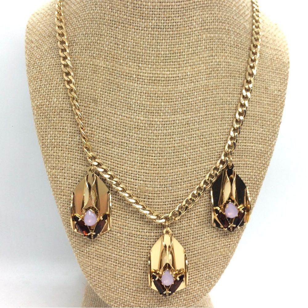 JEWELMINT ART DECO STATEMENT NECKLACE OPAL RHINESTONE GOLD TONE GLAM